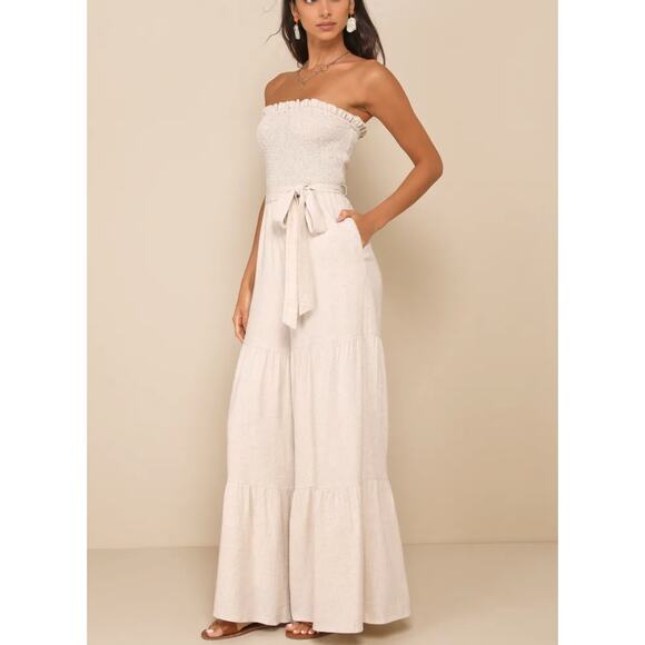 Lulu's NEW Effective Charm Beige Linen Strapless Jumpsuit Large Boho neutrals - Picture 1 of 10